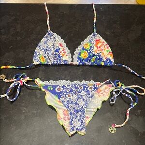 Luli Fama Blue and White Bikini with Artistic Design